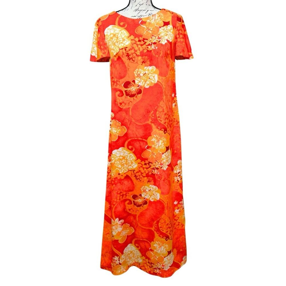 Vintage 1970s Keliis of Hawaii Maxi Dress Size XS Vibrant Orange Tiki Muumuu